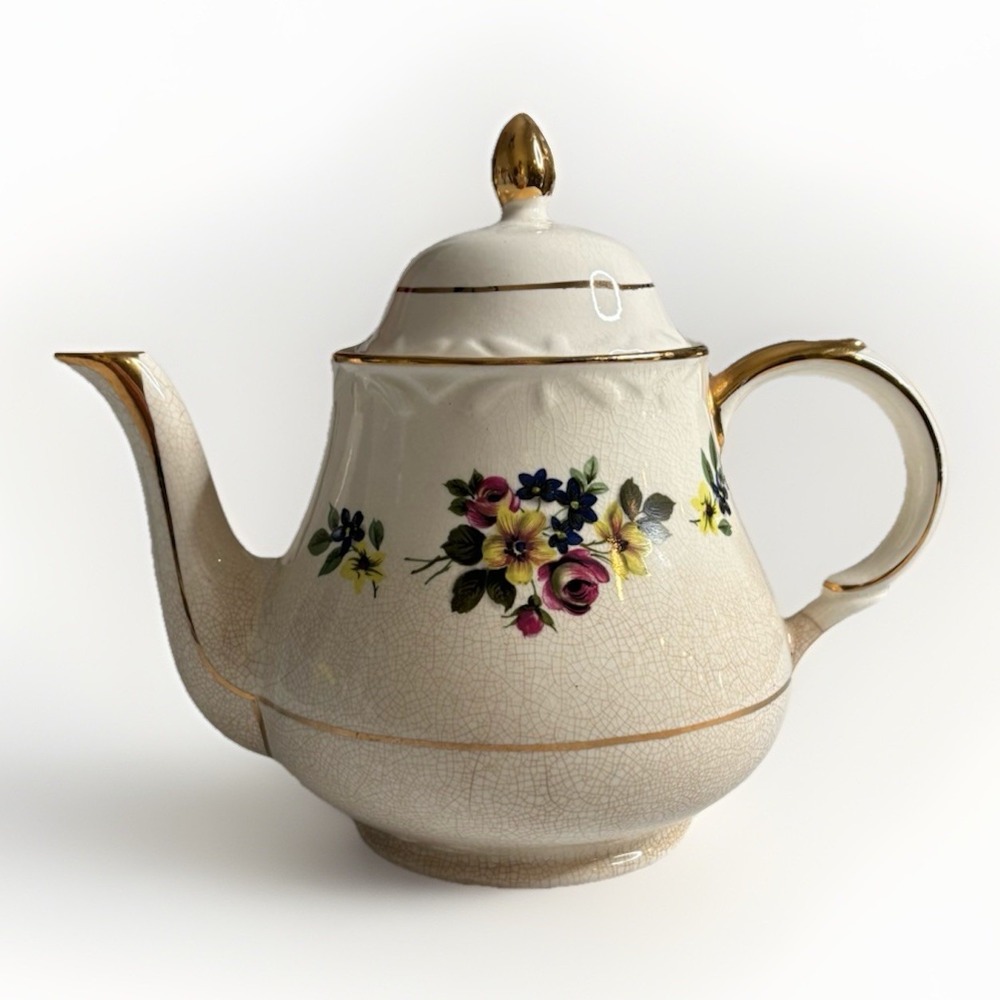 Vintage Arthur Wood & Sons Porcelain Teapot Chatsworth Roses Gold Trim UK‎